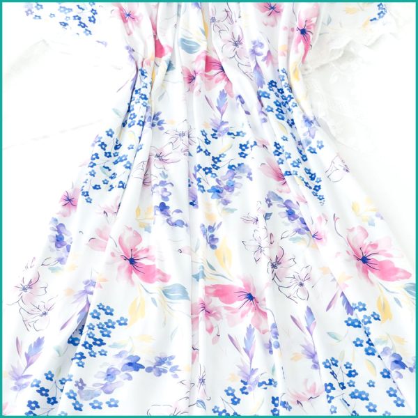 Floral Ladies Cotton Nightgown with Lace Neckline - White - Image 2
