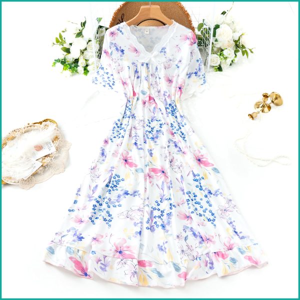 Floral Ladies Cotton Nightgown with Lace Neckline - White