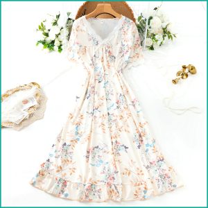 Ladies Cotton Nightgown with Lace Neckline - Cream