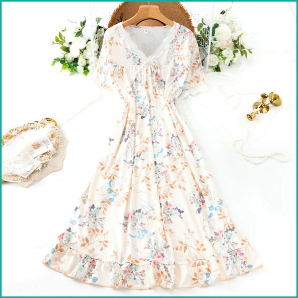 Ladies Cotton Nightgown with Lace Neckline - Cream