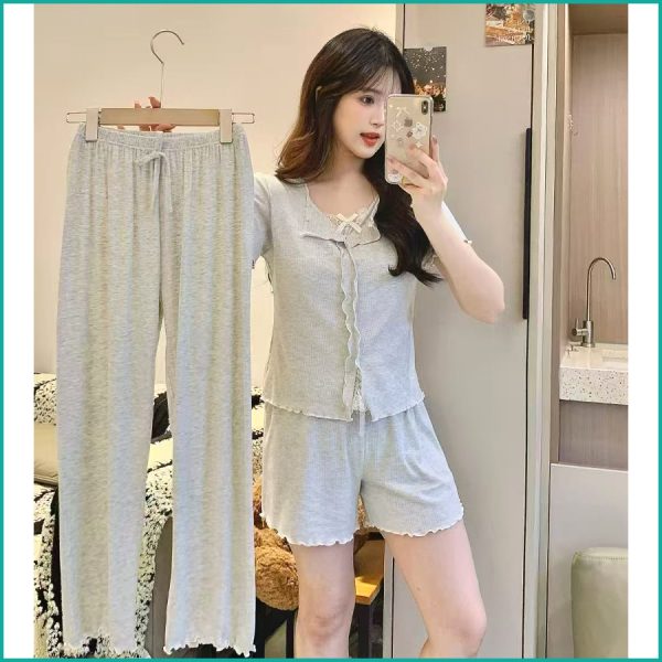 Ladies 3 Pcs Set Loungewear Pajama Set - Light Grey - Image 5