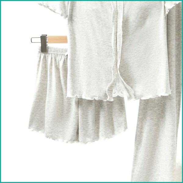 Bow Ladies 3 Pcs Set Loungewear Pajama Set - Light Grey - Image 3