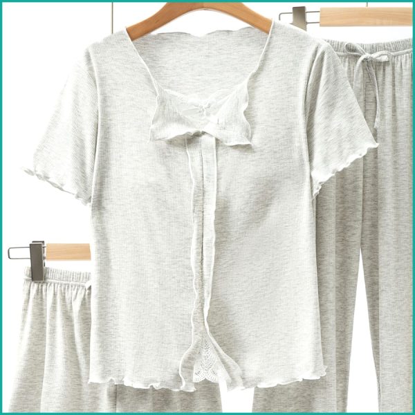 Bow Ladies 3 Pcs Set Loungewear Pajama Set - Light Grey - Image 2