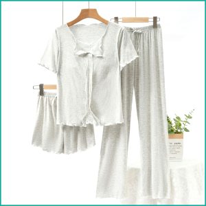 Bow Ladies 3 Pcs Set Loungewear Pajama Set - Light Grey