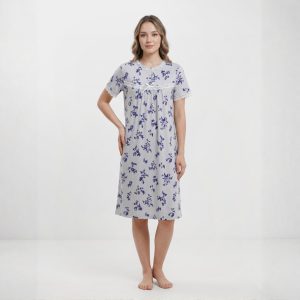Ladies Cotton Nightgown with Lace Trim and Buttoned Neckline - Blue