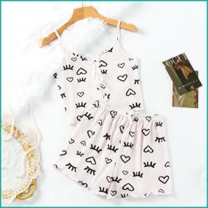 Love Ladies Crop Sleeveless T-Shirt with Shorts - Pink