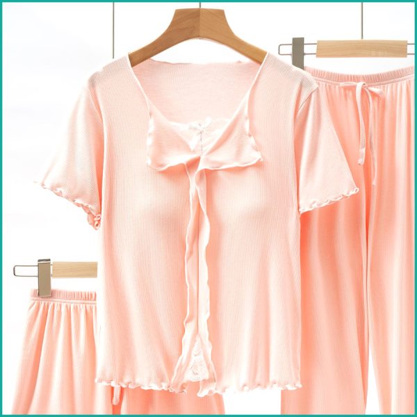 Bow Ladies 3 Pcs Set Loungewear Pajama Set - Pink - Image 2