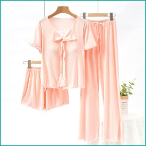Bow Ladies 3 Pcs Set Loungewear Pajama Set - Pink