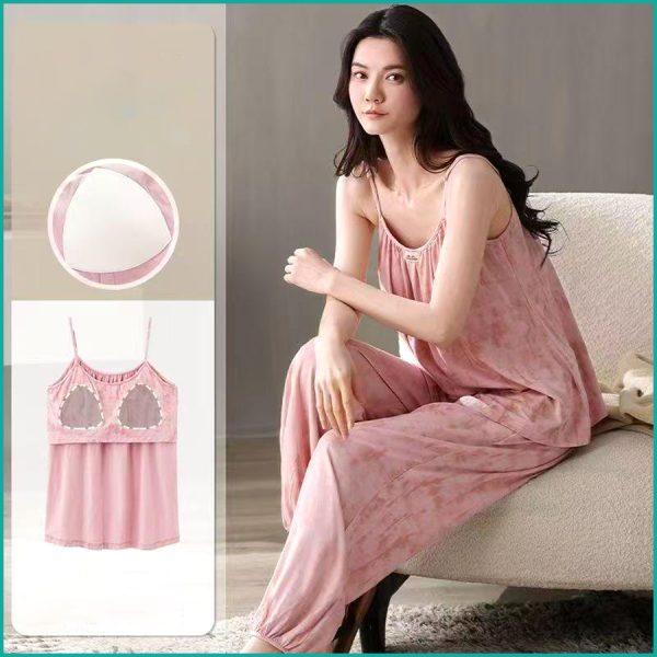 Tie-Dye lounge Set built-in Padded Camisole and Flowy Wide-Leg Pant - Pink - Image 4
