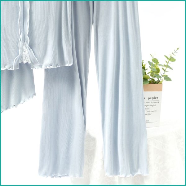 Bow Ladies 3 Pcs Set Loungewear Pajama Set - Blue - Image 4