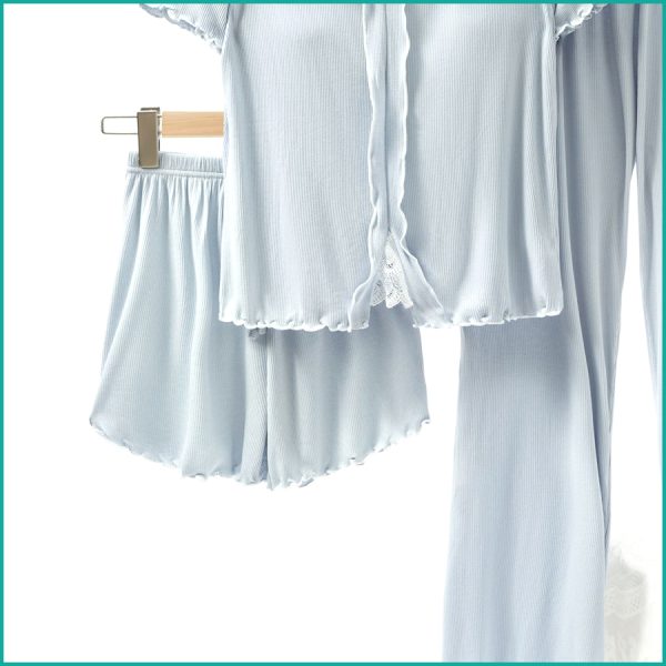 Bow Ladies 3 Pcs Set Loungewear Pajama Set - Blue - Image 3