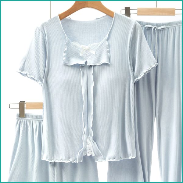 Bow Ladies 3 Pcs Set Loungewear Pajama Set - Blue - Image 2