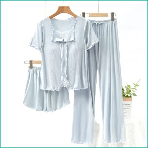 Bow Ladies 3 Pcs Set Loungewear Pajama Set - Blue