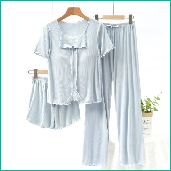 Bow Ladies 3 Pcs Set Loungewear Pajama Set - Blue