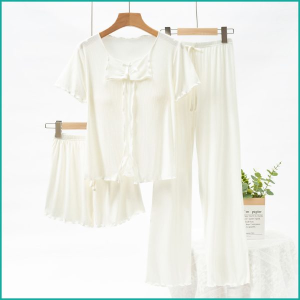 Bow Ladies 3 Pcs Set Loungewear Pajama Set - White - Image 2