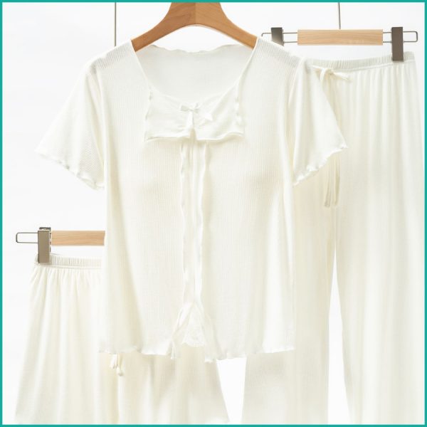 Bow Ladies 3 Pcs Set Loungewear Pajama Set - White