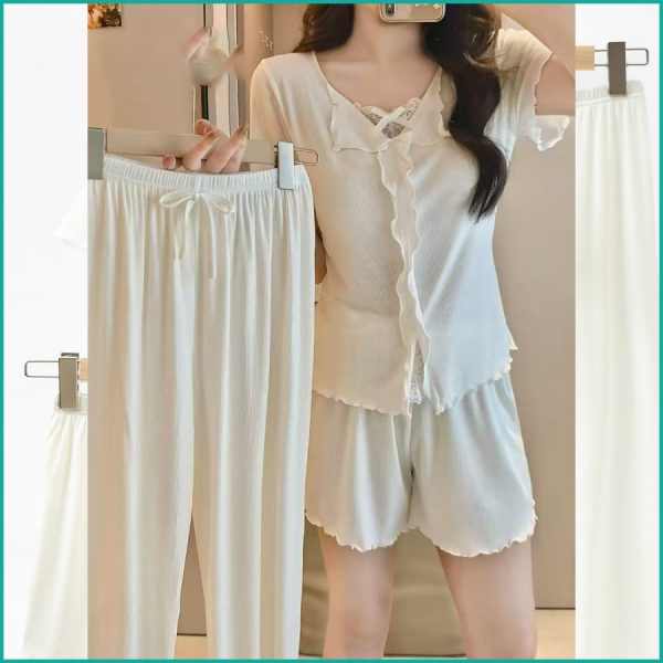 Bow Ladies 3 Pcs Set Loungewear Pajama Set - White - Image 5