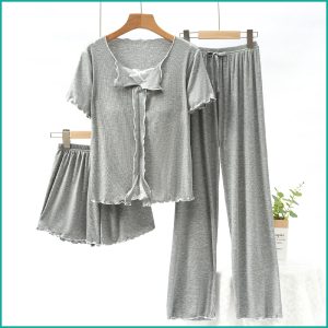 Bow Ladies 3 Pcs Set Loungewear Pajama Set - Grey