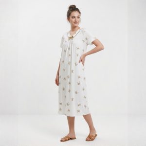 Ladies Cotton Charming Floral Print Nightgown - White