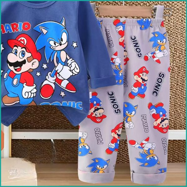 Sonic Mario Boys Full Sleeves Pajama Set - Blue - Image 3