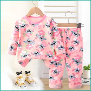 Floral Stitch Girls Full Sleeves Pajama Set - Pink