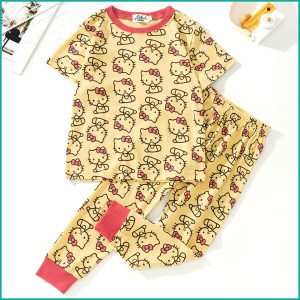Cute Hello Kitty Girls Half Sleeves Pajama Set - Yellow