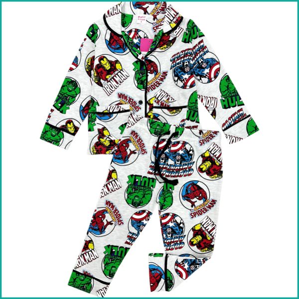 All Hero Boys Front Open Full Sleeves Pajama Set -  Grey