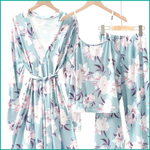Floral Ladies Loungewear 3 Pcs Set - Sea Blue - Image 2