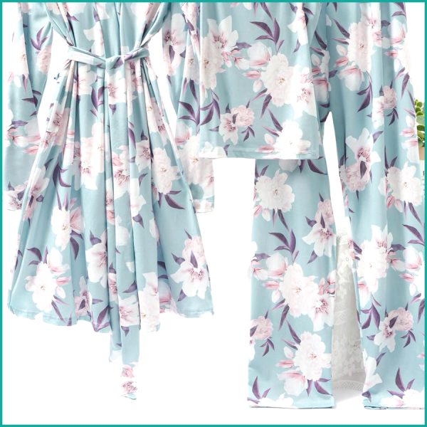 Floral Ladies Loungewear 3 Pcs Set - Sea Blue - Image 3