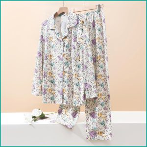 Leaves Full Sleeves Pajama Set Fine Material - White