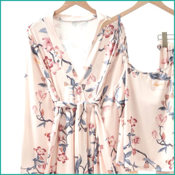 Floral Ladies Loungewear 3 Pcs Set - Cream - Image 2