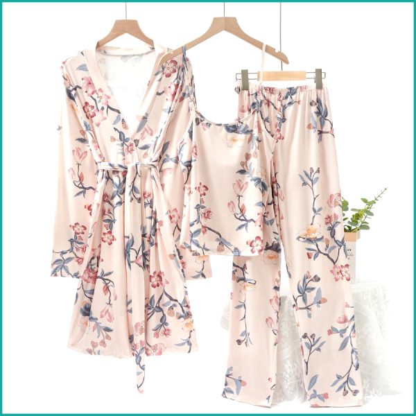 Floral Ladies Loungewear 3 Pcs Set - Cream