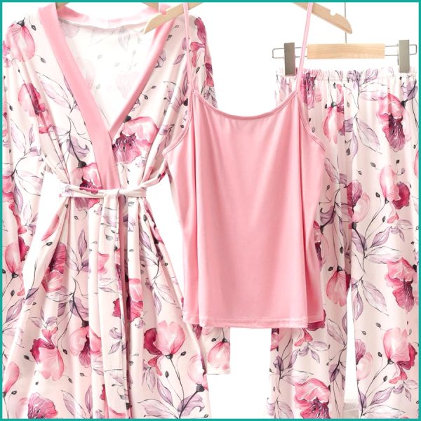 Floral Ladies Loungewear 3 Pcs Set - Baby Pink - Image 2