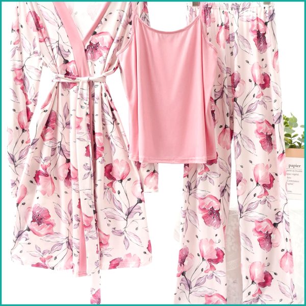 Floral Ladies Loungewear 3 Pcs Set - Baby Pink - Image 3