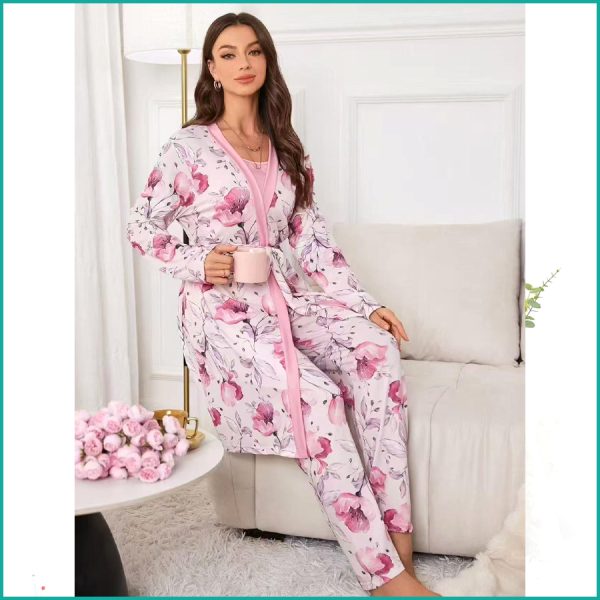 Floral Ladies Loungewear 3 Pcs Set - Baby Pink - Image 4