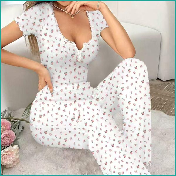 Mini Floral Ladies Loungewear Pajama Set - White - Image 6