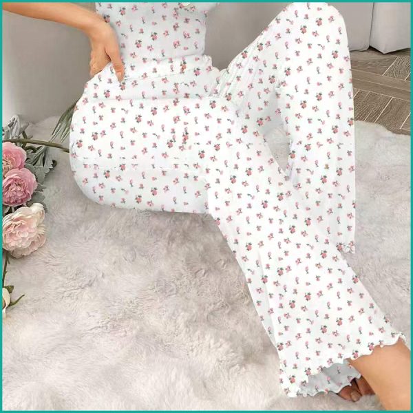Mini Floral Ladies Loungewear Pajama Set - White - Image 5
