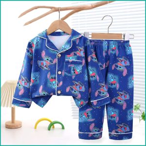 Stitch Girls Front Open Full Sleeves Pajama Set - Navy