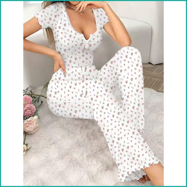 Mini Floral Ladies Loungewear Pajama Set - White - Image 4