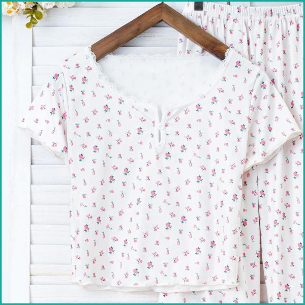 Mini Floral Ladies Loungewear Pajama Set - White - Image 2