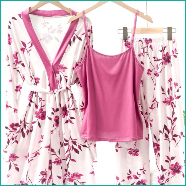 Floral Ladies Loungewear 3 Pcs Set - Hot Pink - Image 2