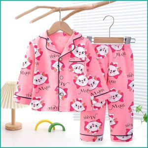 Marie Girls Front Open Full Sleeves Pajama Set - Pink