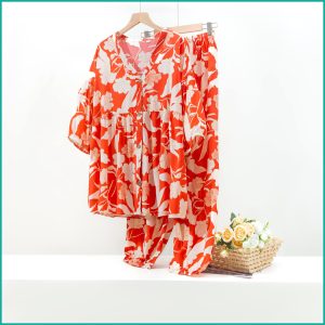 Floral Ladies Full Sleeves Pajama Set Viscos Fine Material - Orange
