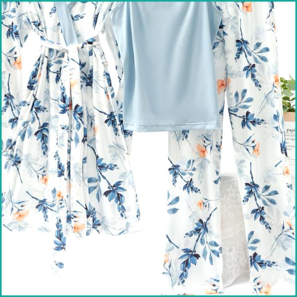 Floral Ladies Loungewear 3 Pcs Set - Sky Blue - Image 3