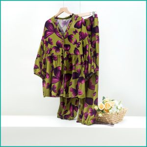 Floral Ladies Full Sleeves Pajama Set Viscos Fine Material  - Green