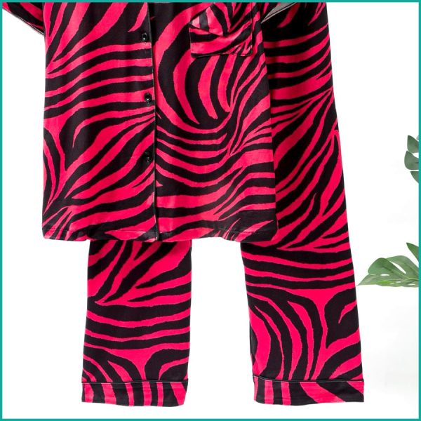 Zebra Print Ladies Front Open Pajama Set - Red - Image 3