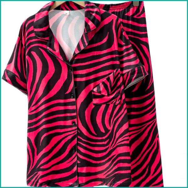 Zebra Print Ladies Front Open Pajama Set - Red - Image 2