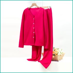 V-Neck Plain Full Sleeves Ladies Pajama Set - Hot Pink