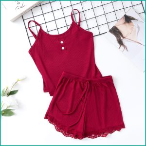Plain 2 Buttons Ladies Shorts Set - Red