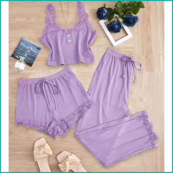 Plain Lace Ladies Crop T-Shirt loungewear 3 Pcs Set - Purple - Image 4